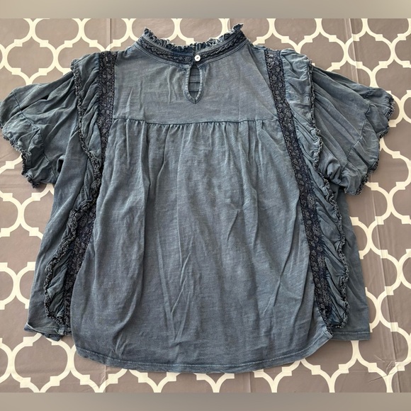 FREE PEOPLE Le Femme Ruffled Crochet shirt Chambray Blue Ruffled Women's Top - Picture 5 of 9
